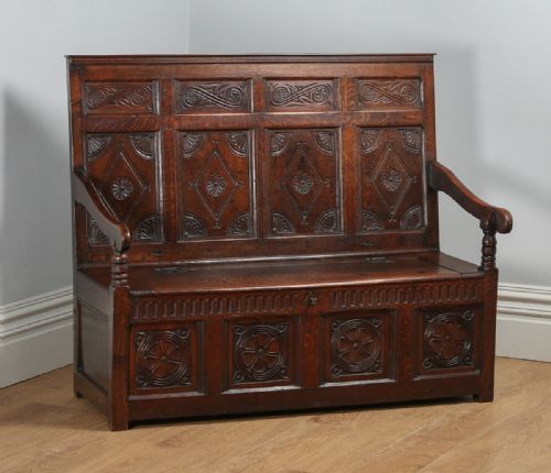 Antique English Georgian Oak High Back Panelled Box Settle (Circa 1800)