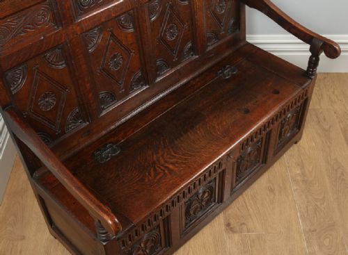 fig 1. Antique English Georgian Oak High Back Panelled Box Settle (Circa 1800)