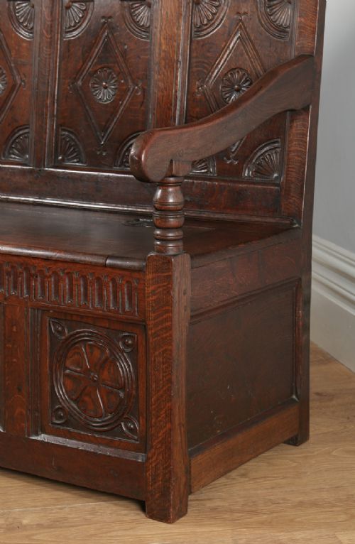 fig 4. Antique English Georgian Oak High Back Panelled Box Settle (Circa 1800)