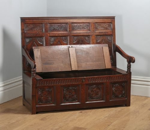 fig 9. Antique English Georgian Oak High Back Panelled Box Settle (Circa 1800)