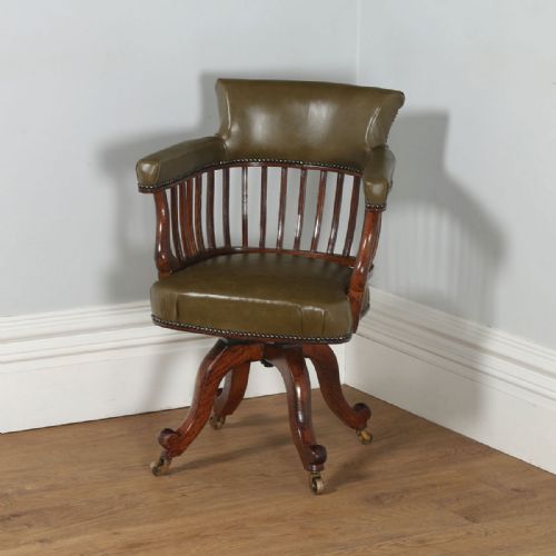 Antique English Victorian Mahogany & Green Leather Revolving Captains Office Armchair / Chair (Circa 1870)
