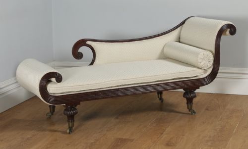 Antique English Regency Mahogany Upholstered Scroll End Chaise Longue (Circa 1820)