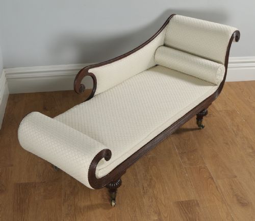 fig 1. Antique English Regency Mahogany Upholstered Scroll End Chaise Longue (Circa 1820)