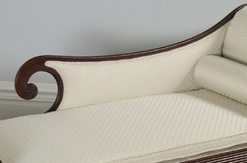 fig 3. Antique English Regency Mahogany Upholstered Scroll End Chaise Longue (Circa 1820)