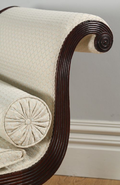 fig 6. Antique English Regency Mahogany Upholstered Scroll End Chaise Longue (Circa 1820)