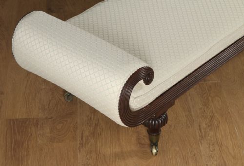 fig 7. Antique English Regency Mahogany Upholstered Scroll End Chaise Longue (Circa 1820)