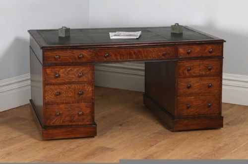 fig 1. Antique English Victorian Oak & Leather 5ft Partner’s Pedestal Office Desk (Circa 1860)