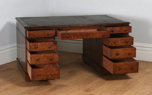 fig 5. Antique English Victorian Oak & Leather 5ft Partner’s Pedestal Office Desk (Circa 1860)