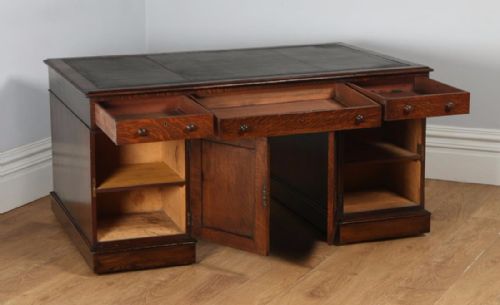 fig 8. Antique English Victorian Oak & Leather 5ft Partner’s Pedestal Office Desk (Circa 1860)
