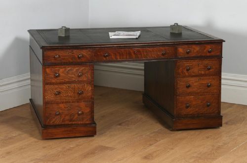 Antique English Victorian Oak & Leather 5ft Partner’s Pedestal Office Desk (Circa 1860)