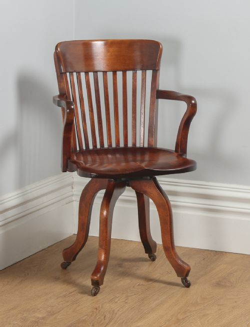 Antique English Edwardian Beech Revolving Office Desk Armchair / Chair (Circa 1900)