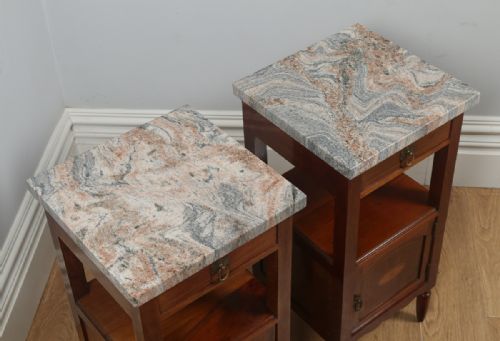 fig 2. Antique Pair of French Art Nouveau Mahogany Marble & Satinwood Bedside Cabinets (Circa 1900)