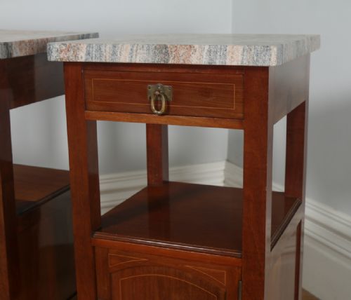 fig 5. Antique Pair of French Art Nouveau Mahogany Marble & Satinwood Bedside Cabinets (Circa 1900)