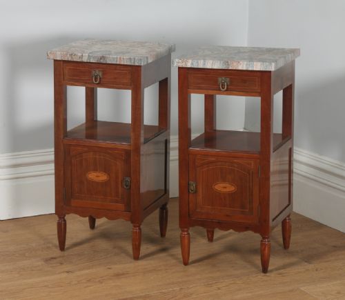 fig 1. Antique Pair of French Art Nouveau Mahogany Marble & Satinwood Bedside Cabinets (Circa 1900)