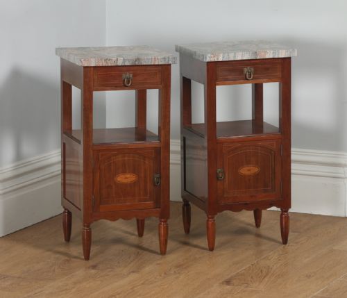 Antique Pair of French Art Nouveau Mahogany Marble & Satinwood Bedside Cabinets (Circa 1900)