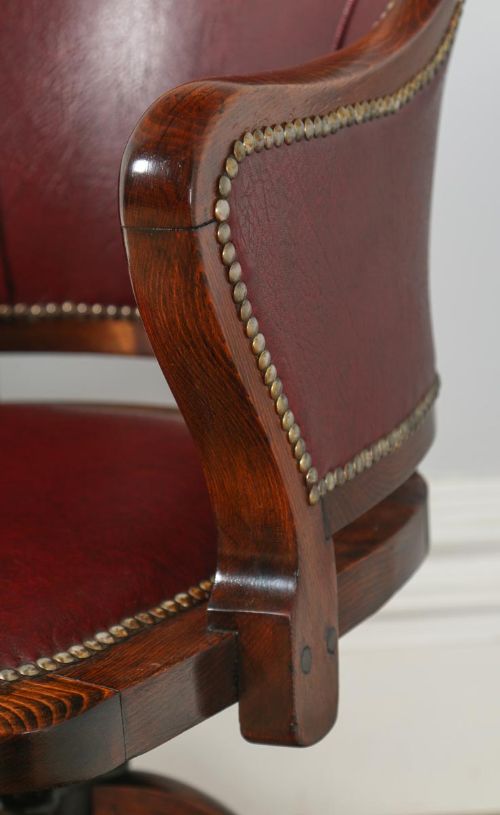 fig 3. Antique English Edwardian Mahogany & Red Leather Revolving Office Desk Armchair (Circa 1910)