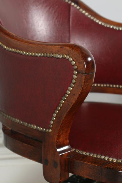 fig 4. Antique English Edwardian Mahogany & Red Leather Revolving Office Desk Armchair (Circa 1910)