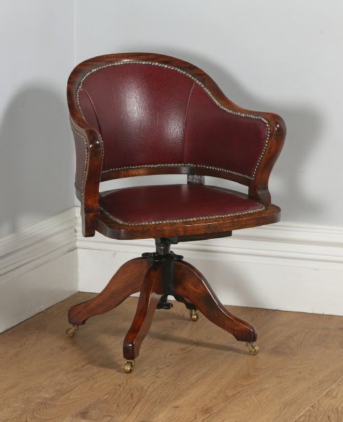 Antique English Edwardian Mahogany & Red Leather Revolving Office Desk Armchair (Circa 1910)