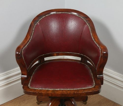 fig 1. Antique English Edwardian Mahogany & Red Leather Revolving Office Desk Armchair (Circa 1910)