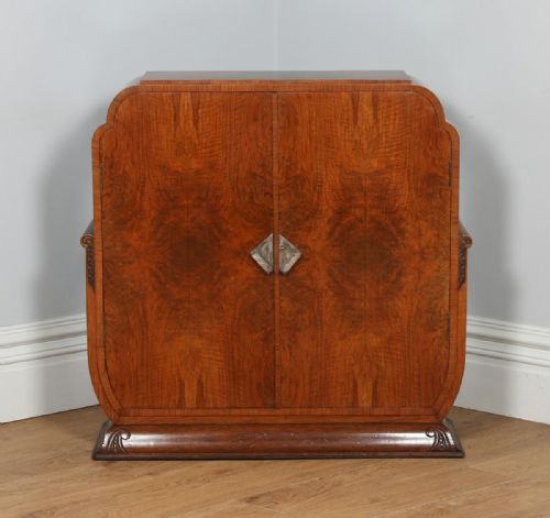 fig 1. Antique English Art Deco Figured Walnut Cocktail Drinks Sideboard Cabinet (Circa 1930)