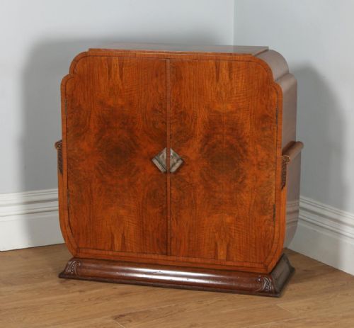 fig 2. Antique English Art Deco Figured Walnut Cocktail Drinks Sideboard Cabinet (Circa 1930)