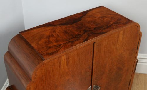 fig 3. Antique English Art Deco Figured Walnut Cocktail Drinks Sideboard Cabinet (Circa 1930)