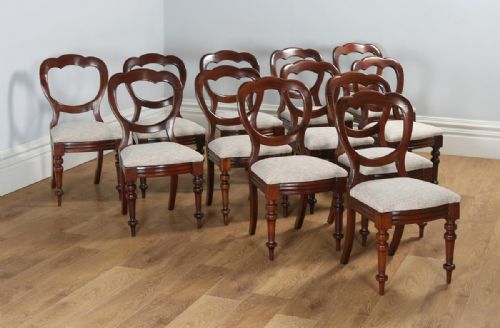 Antique English Set of 12 Twelve Victorian Mahogany Balloon Crown Back Dining Chairs (Circa 1870)