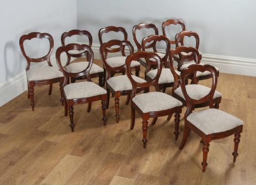 fig 1. Antique English Set of 12 Twelve Victorian Mahogany Balloon Crown Back Dining Chairs (Circa 1870)