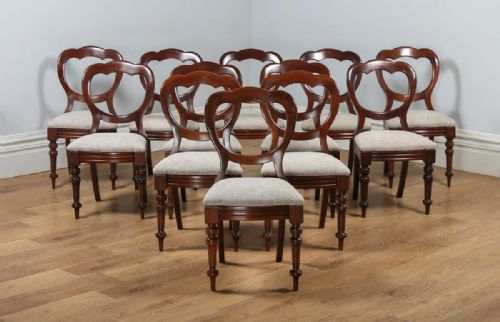 fig 2. Antique English Set of 12 Twelve Victorian Mahogany Balloon Crown Back Dining Chairs (Circa 1870)