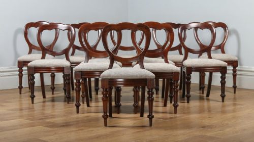 fig 3. Antique English Set of 12 Twelve Victorian Mahogany Balloon Crown Back Dining Chairs (Circa 1870)
