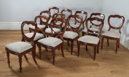 fig 4. Antique English Set of 12 Twelve Victorian Mahogany Balloon Crown Back Dining Chairs (Circa 1870)