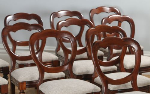 fig 6. Antique English Set of 12 Twelve Victorian Mahogany Balloon Crown Back Dining Chairs (Circa 1870)