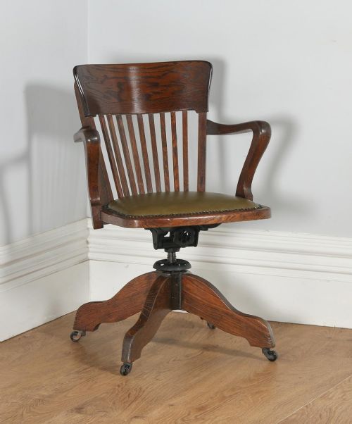 Antique English Edwardian Oak Revolving Office Desk Arm Chair Circa (1910)