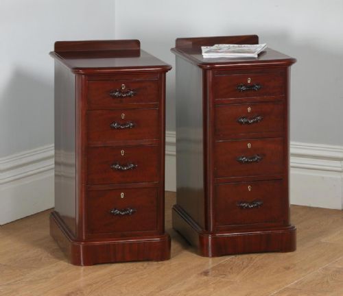 Antique Pair of English Victorian Flame Mahogany Bedside Chests Tables Night Stands (Circa 1860)
