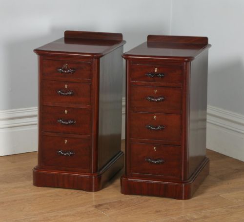 fig 1. Antique Pair of English Victorian Flame Mahogany Bedside Chests Tables Night Stands (Circa 1860)