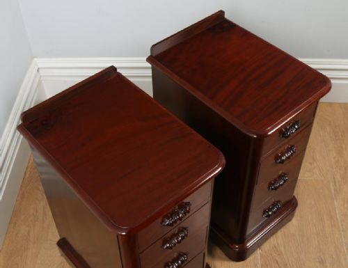 fig 3. Antique Pair of English Victorian Flame Mahogany Bedside Chests Tables Night Stands (Circa 1860)