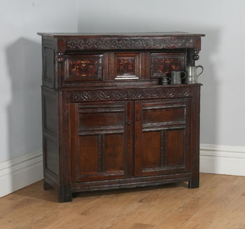 fig 1. Antique Charles II Yorkshire Inlaid Marquetry Oak Court Housekeepers Cupboard (Circa 1660)