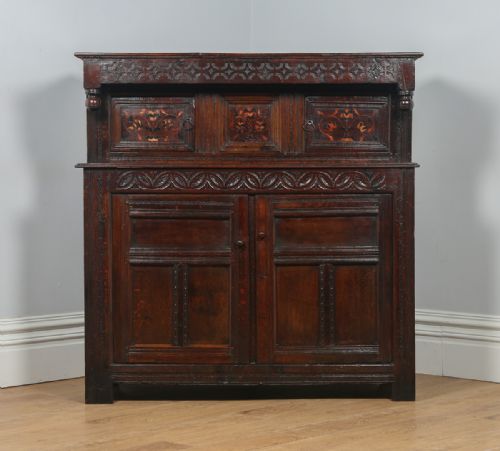 fig 2. Antique Charles II Yorkshire Inlaid Marquetry Oak Court Housekeepers Cupboard (Circa 1660)