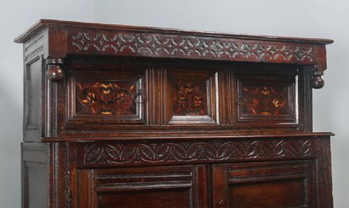 fig 4. Antique Charles II Yorkshire Inlaid Marquetry Oak Court Housekeepers Cupboard (Circa 1660)