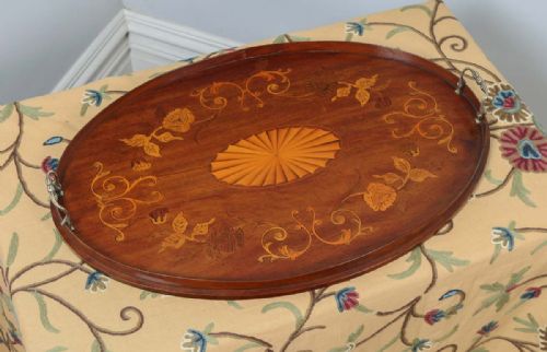 Antique English Edwardian Mahogany Marquetry Inlaid Oval Drinks Tray (Circa 1900)