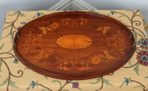 fig 1. Antique English Edwardian Mahogany Marquetry Inlaid Oval Drinks Tray (Circa 1900)