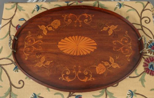fig 2. Antique English Edwardian Mahogany Marquetry Inlaid Oval Drinks Tray (Circa 1900)