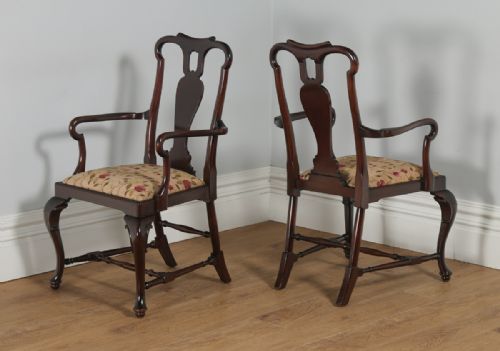 fig 1. Antique English Pair of Queen Anne Style Mahogany Crook Office Desk Carver Arm Side Chairs (Circa 1880)