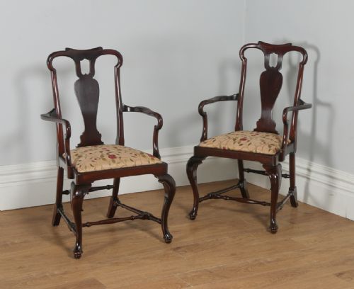 Antique English Pair of Queen Anne Style Mahogany Crook Office Desk Carver Arm Side Chairs (Circa 1880)