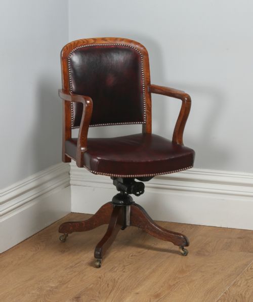 Antique English Edwardian Oak and Red Leather Revolving Office Desk Armchair (Circa 1920)