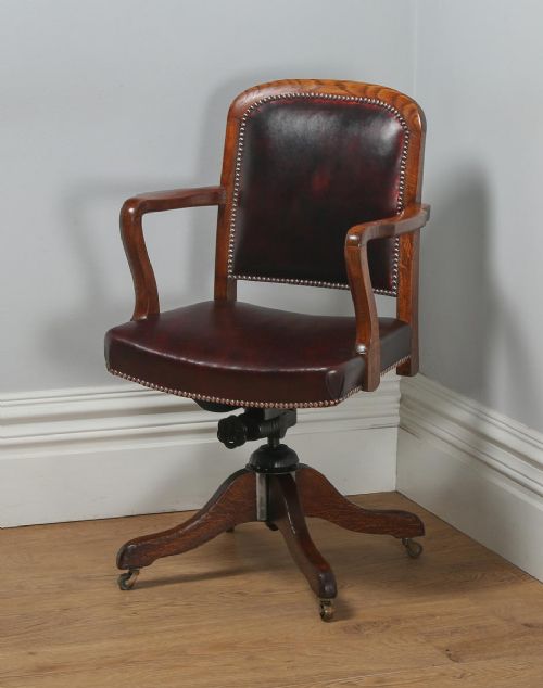 fig 1. Antique English Edwardian Oak and Red Leather Revolving Office Desk Armchair (Circa 1920)