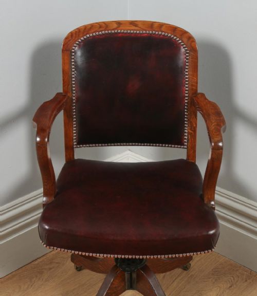 fig 2. Antique English Edwardian Oak and Red Leather Revolving Office Desk Armchair (Circa 1920)
