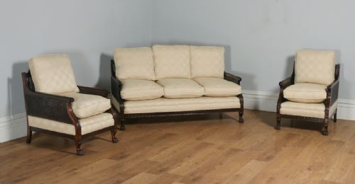 Antique English Edwardian Sheraton Style Three Piece Mahogany & Cane Bergere Chair Suite (Circa 1900)