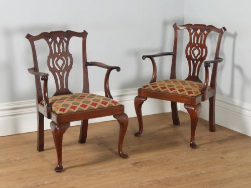Antique English Pair of Georgian Chippendale Style Mahogany Library Office Desk Carver Arm Side Chairs (Circa 1900)