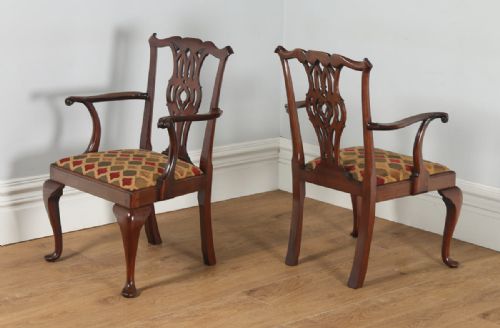 fig 1. Antique English Pair of Georgian Chippendale Style Mahogany Library Office Desk Carver Arm Side Chairs (Circa 1900)